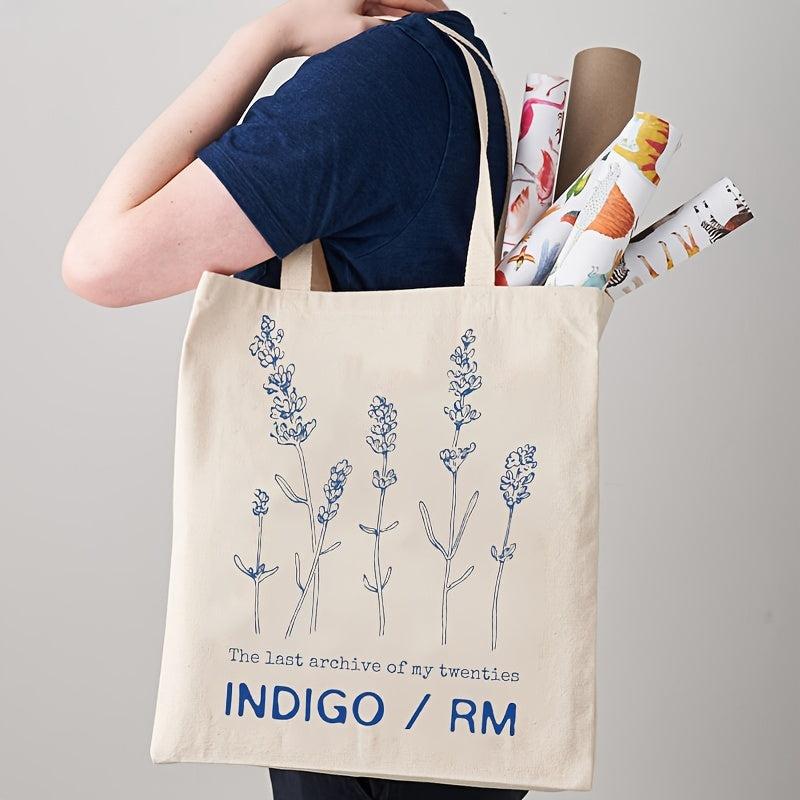 Floral Pattern Canvas Shopping Bag Letter Print Shoulder Tote Bag