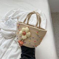 Colorful Woven Tote Bag Flower Decor Holiday Beach Bag
