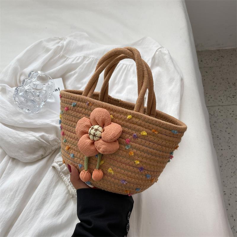 Colorful Woven Tote Bag Flower Decor Holiday Beach Bag