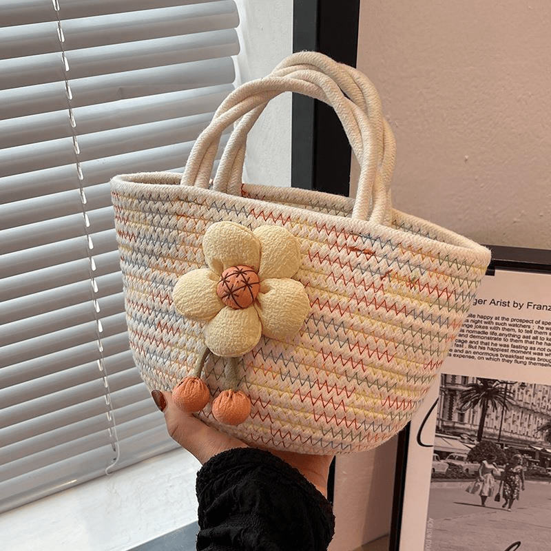 Colorful Woven Tote Bag Flower Decor Holiday Beach Bag