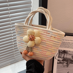 Colorful Woven Tote Bag Flower Decor Holiday Beach Bag