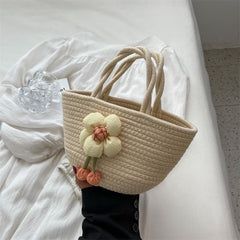 Colorful Woven Tote Bag Flower Decor Holiday Beach Bag