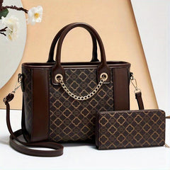 Vintage Pattern Stitching Bag Sets Classic Handbag With Long Purse