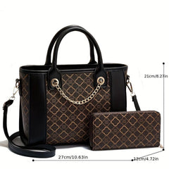 Vintage Pattern Stitching Bag Sets Classic Handbag With Long Purse