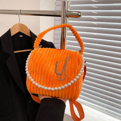 Women's Corduroy Bag With Pearl Strap Top Handle Purse Handbag