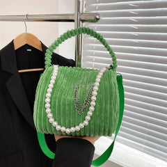 Women's Corduroy Bag With Pearl Strap Top Handle Purse Handbag