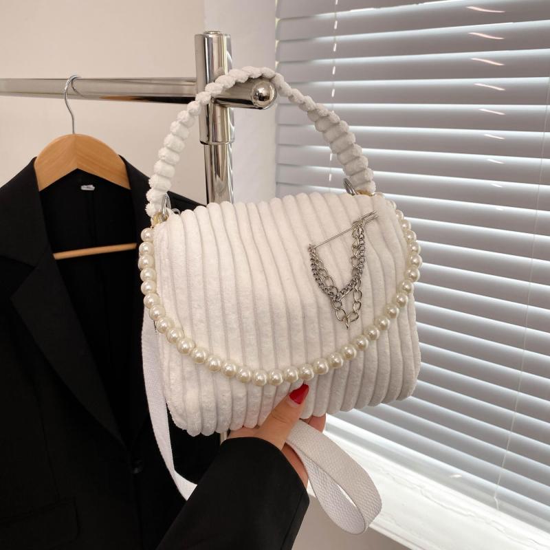 Women's Corduroy Bag With Pearl Strap Top Handle Purse Handbag