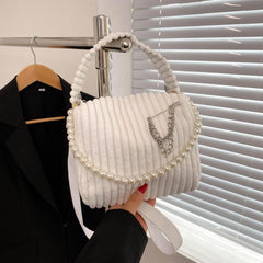 Women's Corduroy Bag With Pearl Strap Top Handle Purse Handbag
