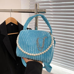 Women's Corduroy Bag With Pearl Strap Top Handle Purse Handbag