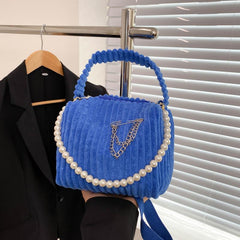Women's Corduroy Bag With Pearl Strap Top Handle Purse Handbag