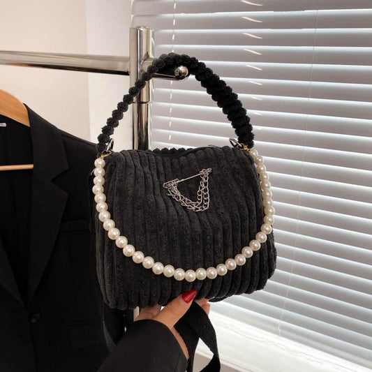 Women's Corduroy Bag With Pearl Strap Top Handle Purse Handbag