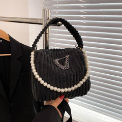 Women's Corduroy Bag With Pearl Strap Top Handle Purse Handbag