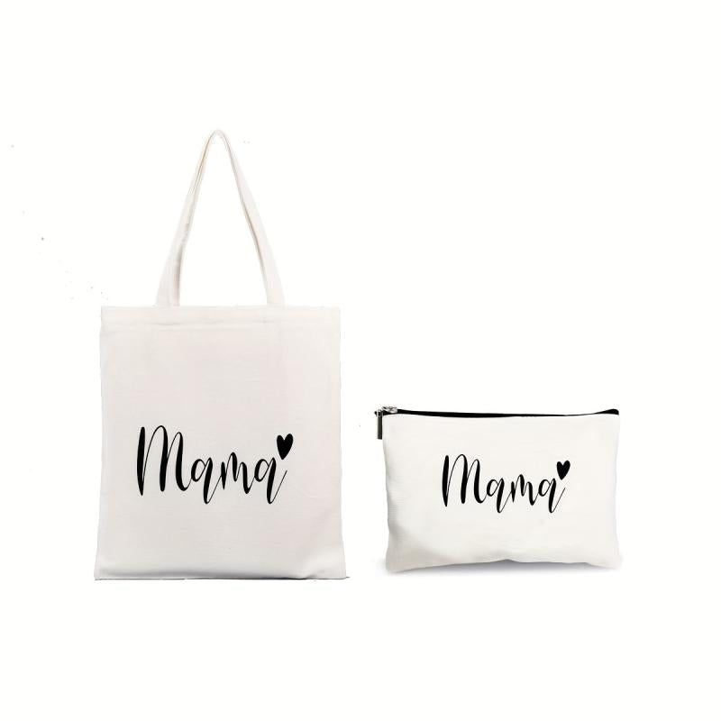 2 Pcs Letter Pattern Canvas Bag Sets Mother's Shoulder Bag & Clutch Pouch