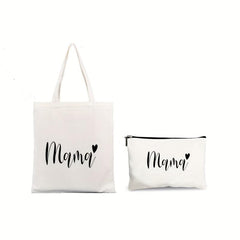 2 Pcs Letter Pattern Canvas Bag Sets Mother's Shoulder Bag & Clutch Pouch