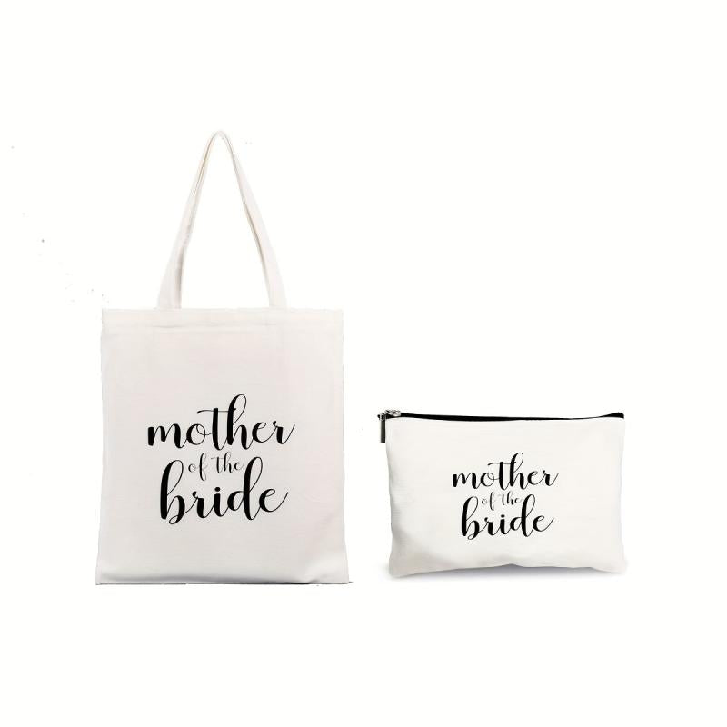 2 Pcs Letter Pattern Canvas Bag Sets Mother's Shoulder Bag & Clutch Pouch