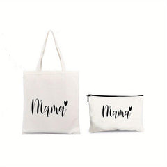 2 Pcs Letter Pattern Canvas Bag Sets Mother's Shoulder Bag & Clutch Pouch