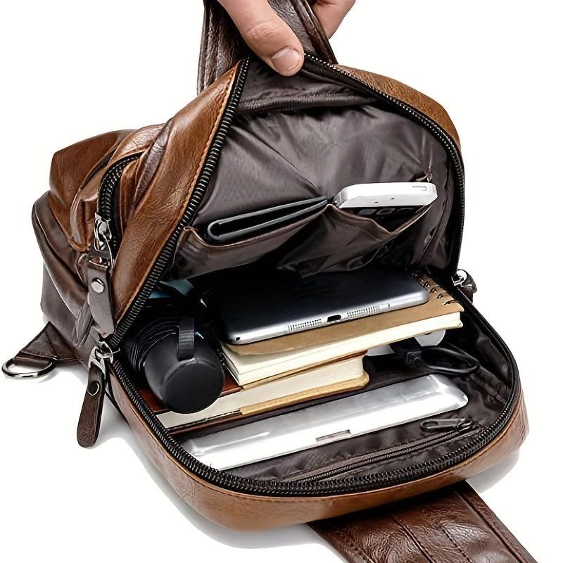 Brown Small Sling Messenger Backpack Retro PU Leather Cycling Shoulder Bag