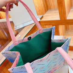 Floral Pattern Waterproof Tote Bag Letter Print Top Handle Handbag
