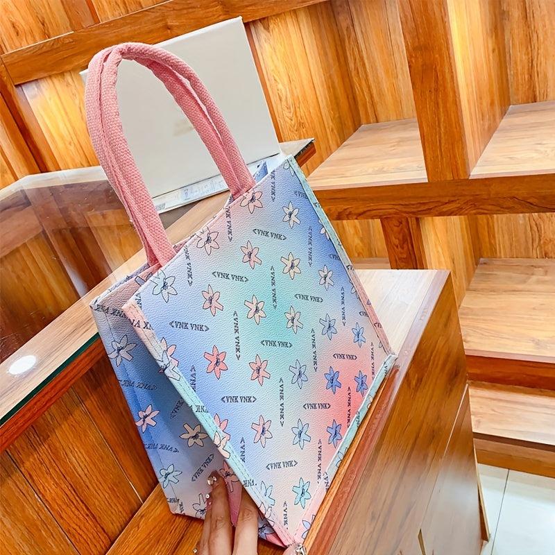 Floral Pattern Waterproof Tote Bag Letter Print Top Handle Handbag