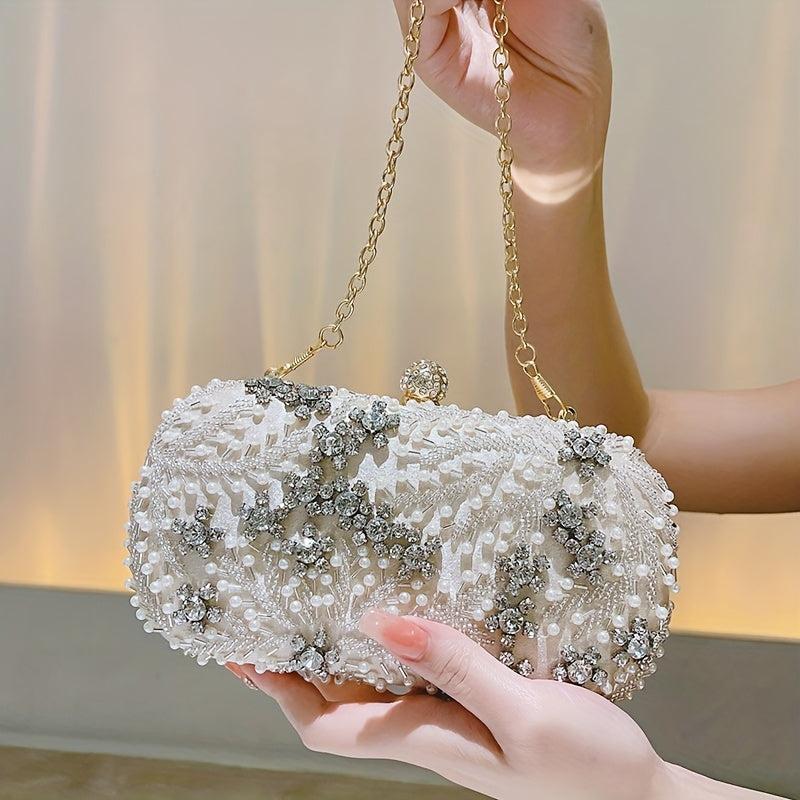 Faux Pearl & Diamond Clutch Bag Metal Chain Handbag