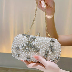 Faux Pearl & Diamond Clutch Bag Metal Chain Handbag