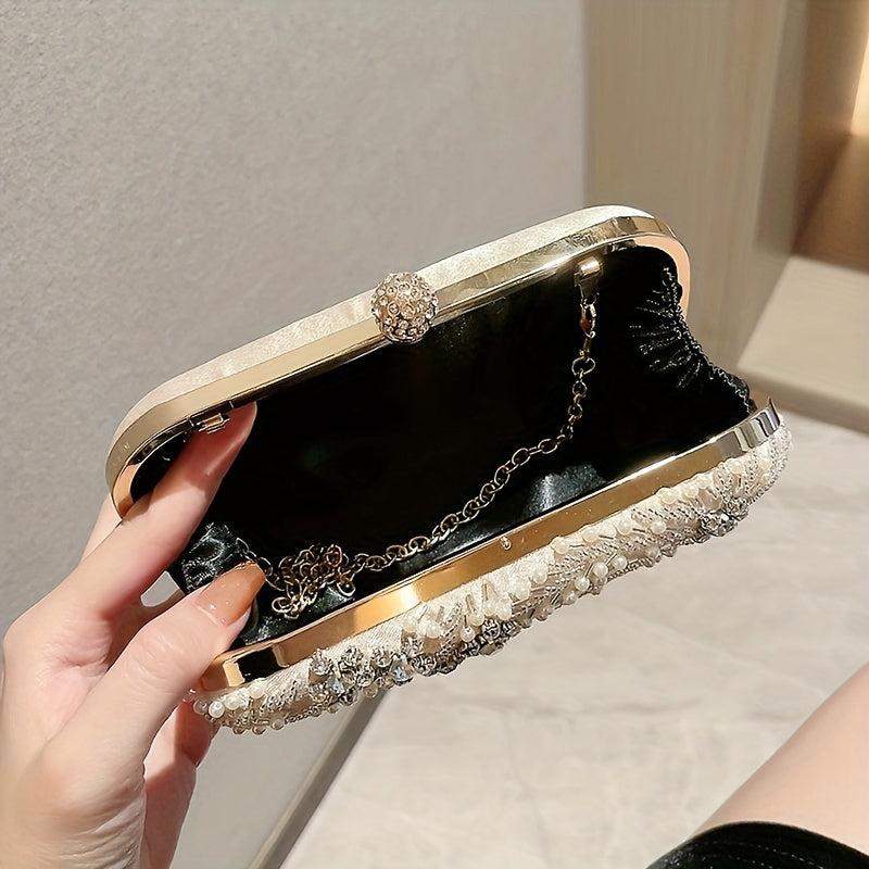 Faux Pearl & Diamond Clutch Bag Metal Chain Handbag