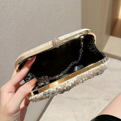 Faux Pearl & Diamond Clutch Bag Metal Chain Handbag