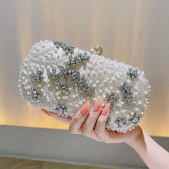 Faux Pearl & Diamond Clutch Bag Metal Chain Handbag