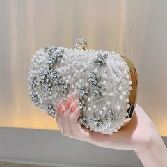 Faux Pearl & Diamond Clutch Bag Metal Chain Handbag