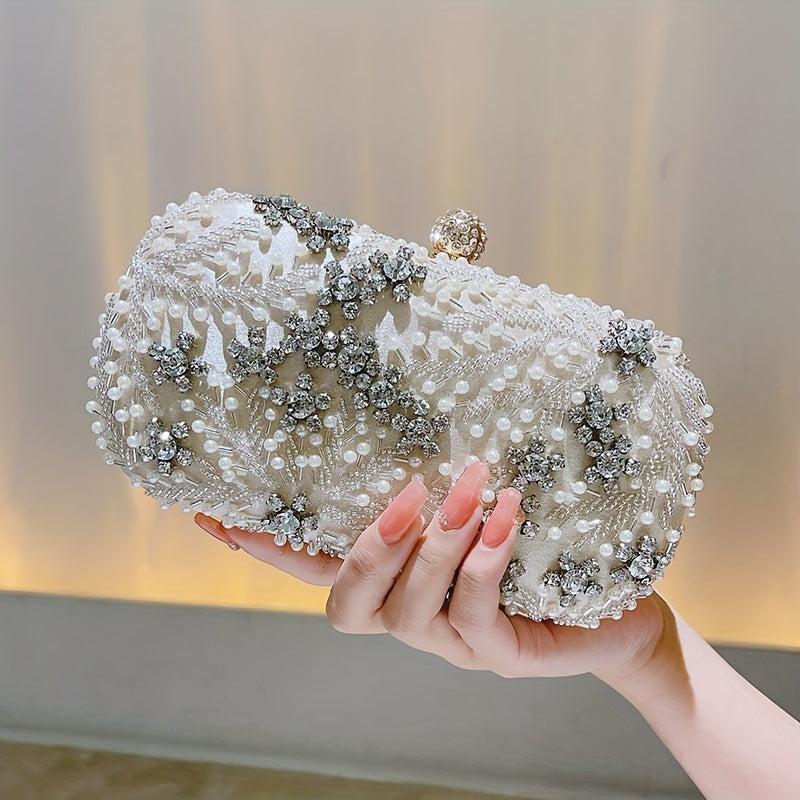 Faux Pearl & Diamond Clutch Bag Metal Chain Handbag