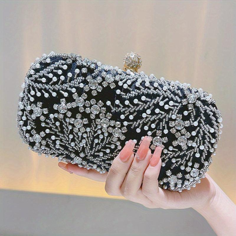 Faux Pearl & Diamond Clutch Bag Metal Chain Handbag