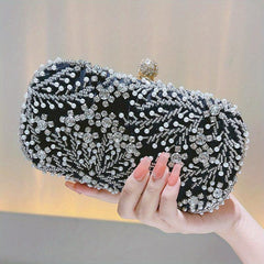 Faux Pearl & Diamond Clutch Bag Metal Chain Handbag