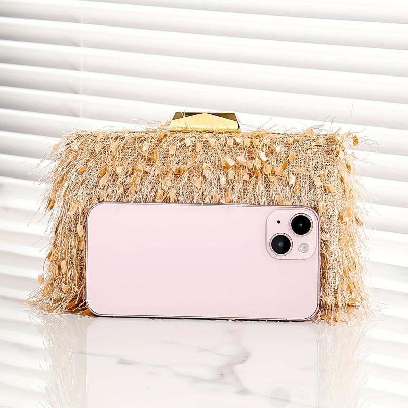 Metal Chain Clutch Textured Frame Purse Wedding Party Bag