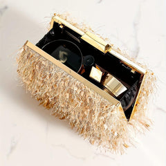 Metal Chain Clutch Textured Frame Purse Wedding Party Bag