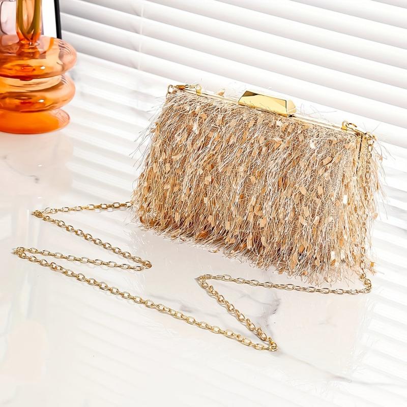 Metal Chain Clutch Textured Frame Purse Wedding Party Bag