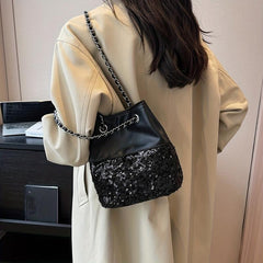 Sequin Glitter Drawstring Crossbody Bag PU Leather Textured Bucket Bag