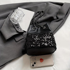 Sequin Glitter Drawstring Crossbody Bag PU Leather Textured Bucket Bag