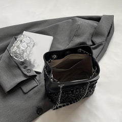 Sequin Glitter Drawstring Crossbody Bag PU Leather Textured Bucket Bag
