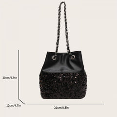 Sequin Glitter Drawstring Crossbody Bag PU Leather Textured Bucket Bag