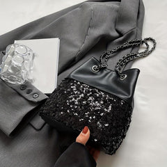 Sequin Glitter Drawstring Crossbody Bag PU Leather Textured Bucket Bag