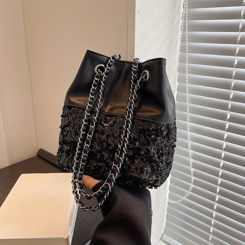 Sequin Glitter Drawstring Crossbody Bag PU Leather Textured Bucket Bag