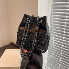 Sequin Glitter Drawstring Crossbody Bag PU Leather Textured Bucket Bag