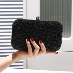 Pearl Decor Metal Chain Kiss Lock Clutch Elegant Frame Purse