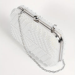 Pearl Decor Metal Chain Kiss Lock Clutch Elegant Frame Purse