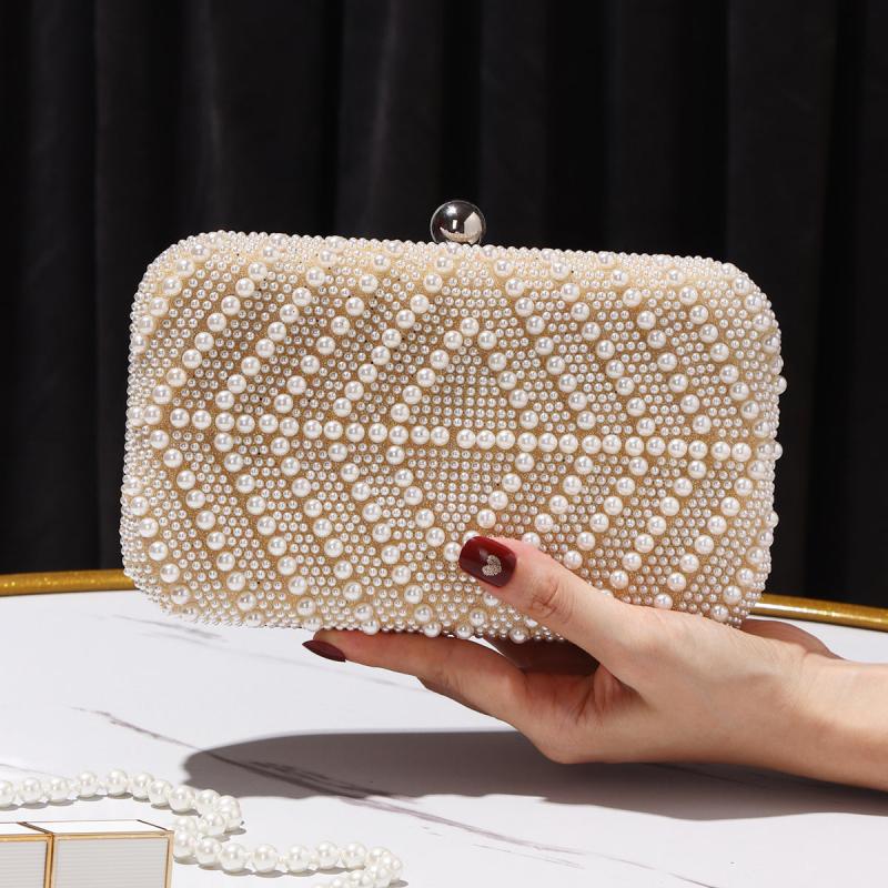 Pearl Decor Metal Chain Kiss Lock Clutch Elegant Frame Purse
