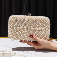 Pearl Decor Metal Chain Kiss Lock Clutch Elegant Frame Purse