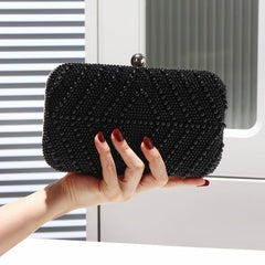 Pearl Decor Metal Chain Kiss Lock Clutch Elegant Frame Purse