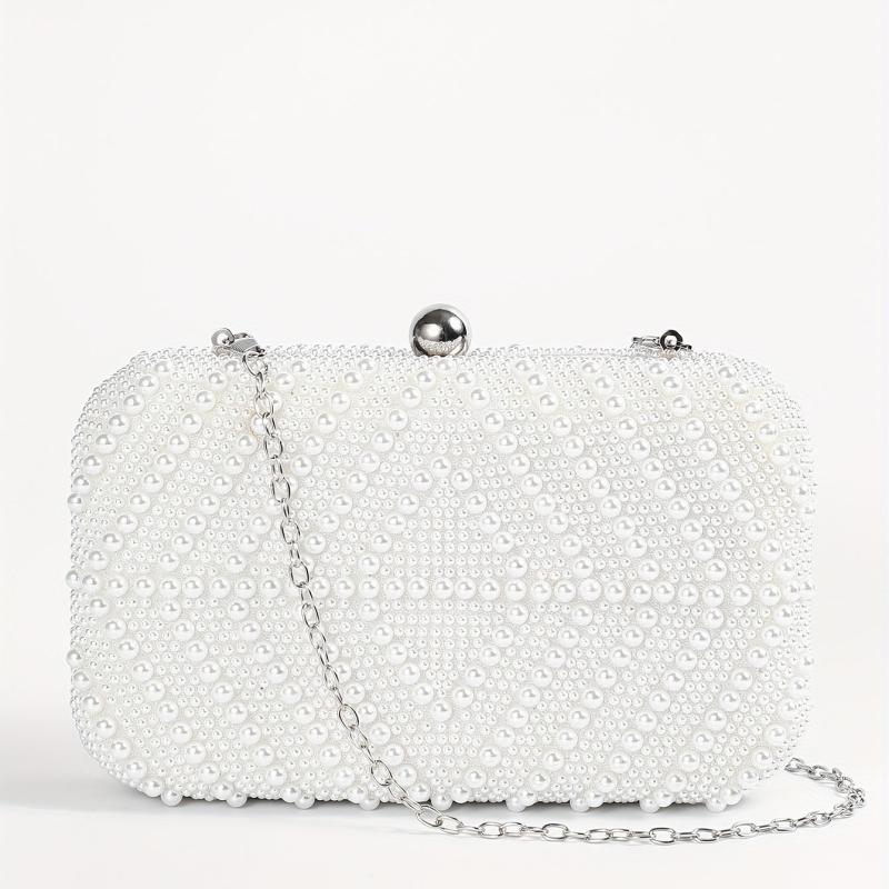 Pearl Decor Metal Chain Kiss Lock Clutch Elegant Frame Purse