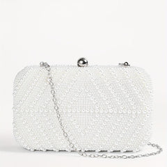 Pearl Decor Metal Chain Kiss Lock Clutch Elegant Frame Purse