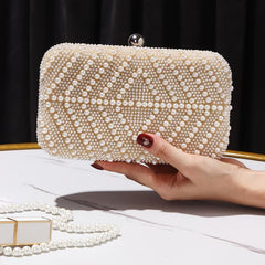 Pearl Decor Metal Chain Kiss Lock Clutch Elegant Frame Purse